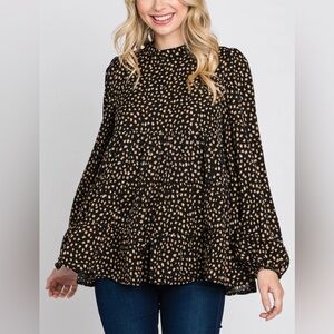 Black Animal Print Mock Neck Tiered Top